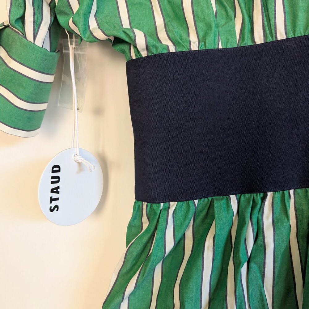 STAUD Michelle Striped Shirt Mini Dress Seaweed Green Size M NWT Chic Versatile - Picture 14 of 16